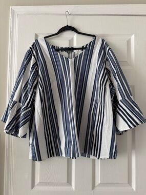 Navy and White Striped V-Neck Bell Sleeve Blouse
